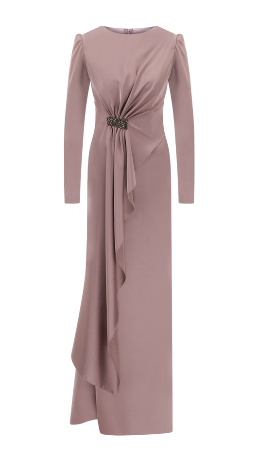 Satin Elegance: Modest Draped Front Dress