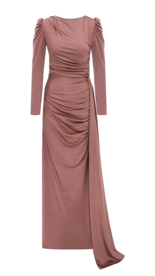 Stretch Elegance: Modest Dress with Draped Upper Front, Shoulder, and Skirt