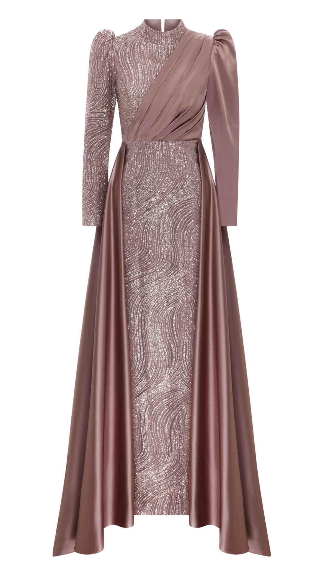 Gilded Rose: Modest Rose Glitter Dress with Draped Upper Front and Tail Detail