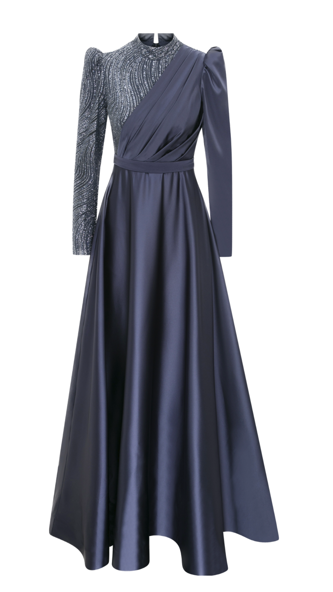 Satin Shimmer: Modest Rose Glitter Dress with Draped Upper Front and Fixed Belt