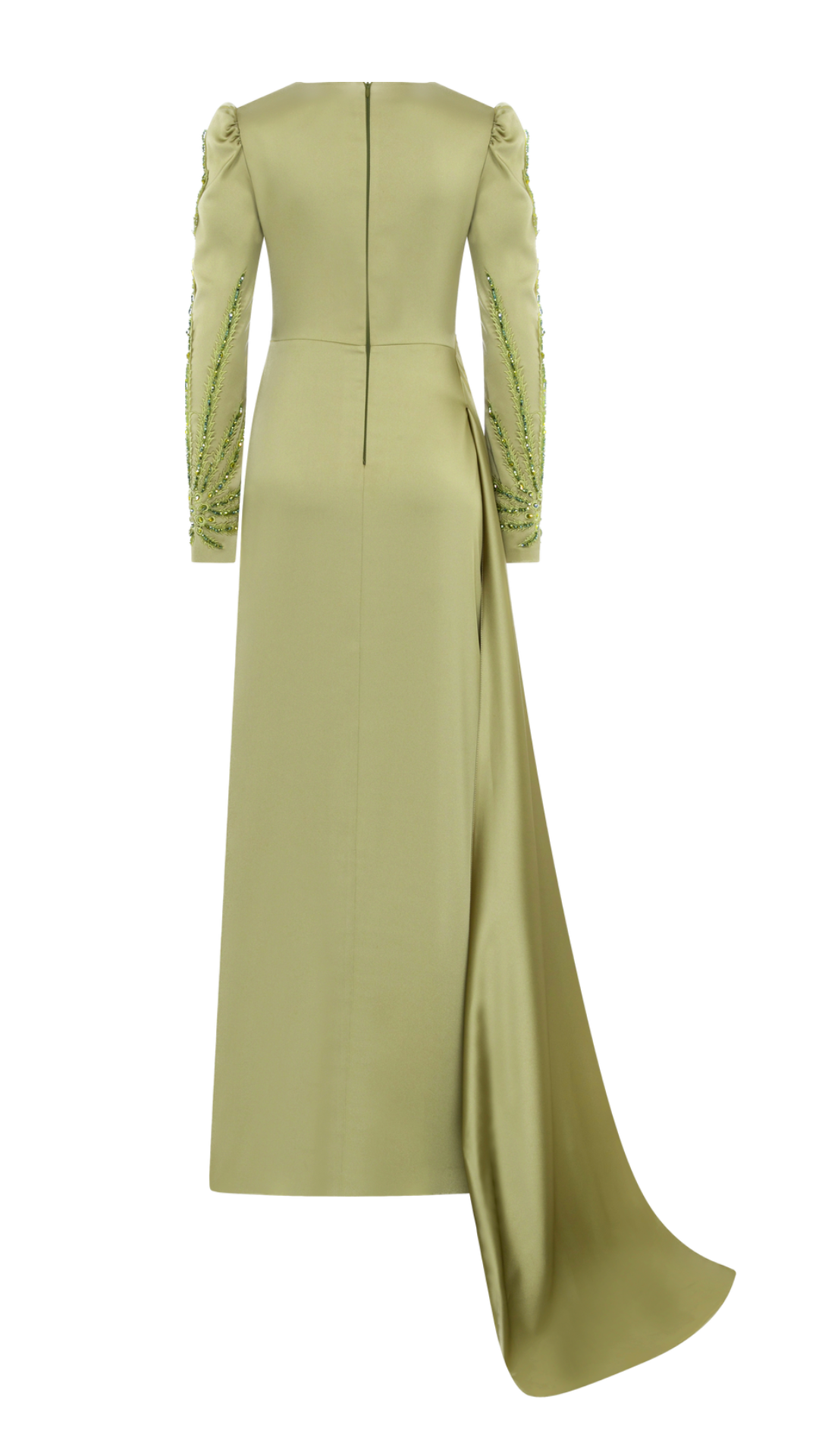 Satin Elegance: Modest Full Mold Dress with Extended Tail and Draped Front