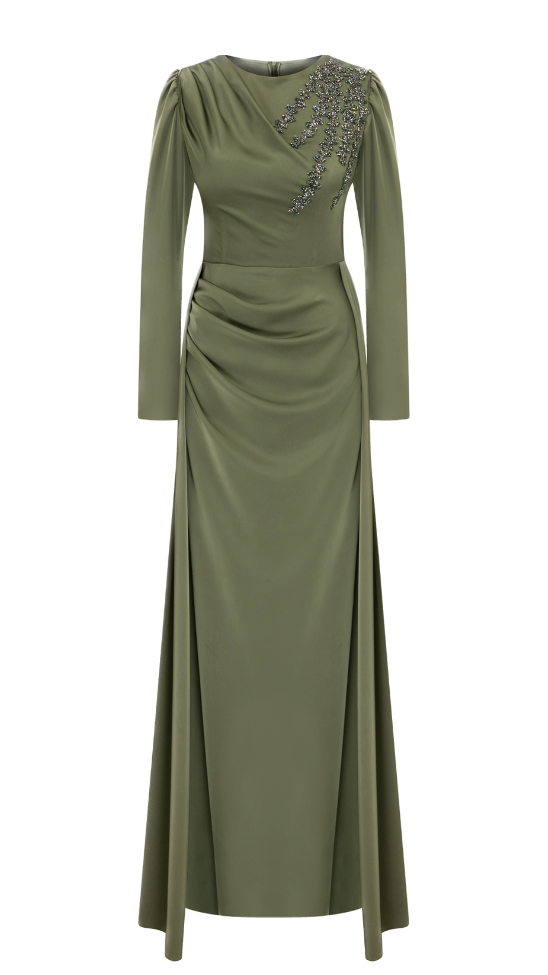 Satin Cape Elegance: Modest Full Mold Dress with Extended Tail and Dual Cape Detail