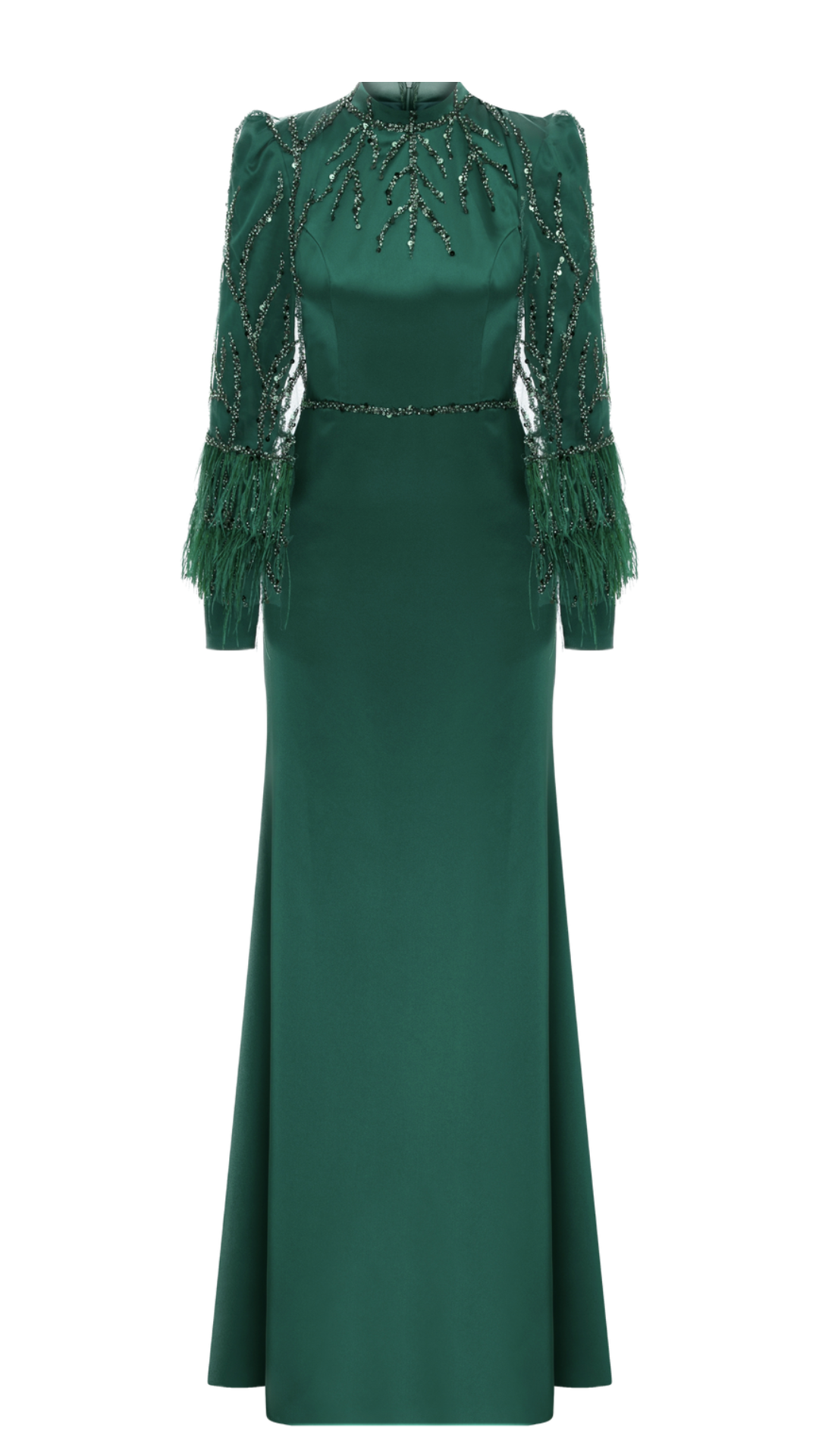 Satin Elegance: Modest Full Mold Dress with Feathered Cape Detail