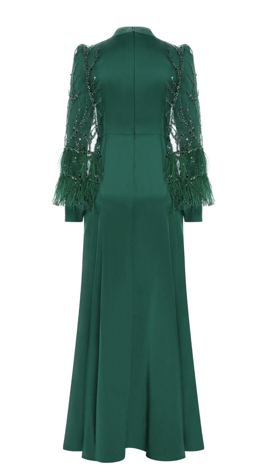 Satin Elegance: Modest Full Mold Dress with Feathered Cape Detail