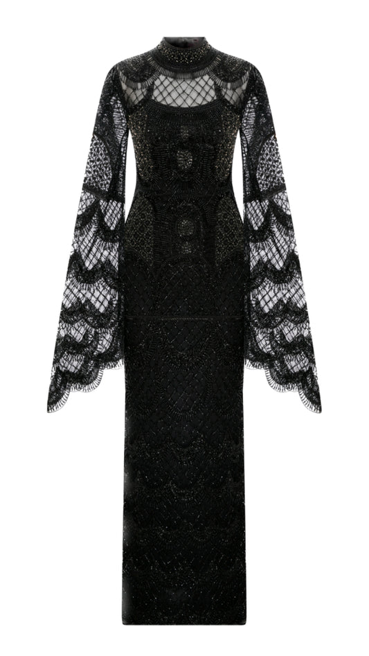 Graceful Black and Grey Pen Form Evening Dress - Front Length: 170 cm, Back Length: 180 cm