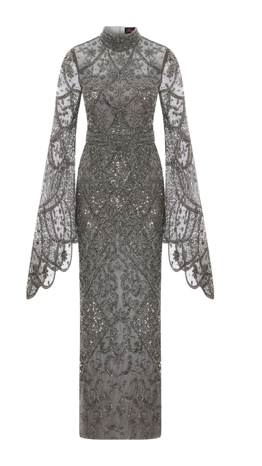 Elegant Black and Grey Pen Form Evening Dress - Front Length: 170 cm, Back Length: 180 cm