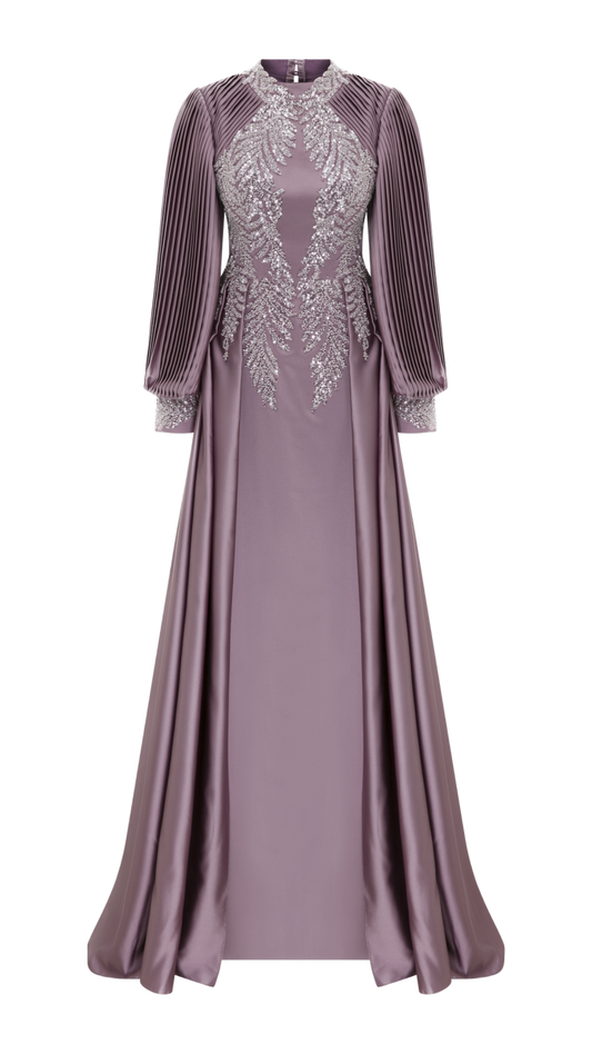 Regal Grace: Satin Narrow Mold Dress with Embroidered Balloon Sleeves
