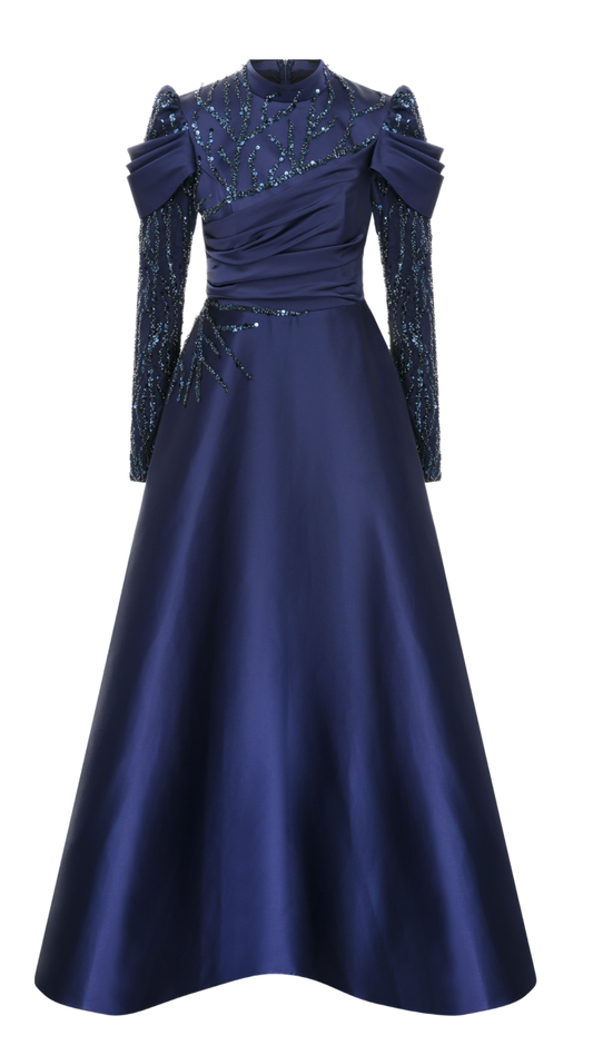 Satin Elegance: Beaded Modest Dress with Draped Sleeves