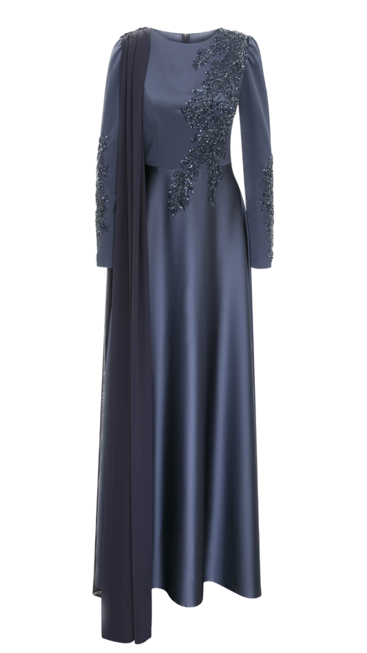Graceful Anthracite Satin Modest Dress with Chiffon Cape
